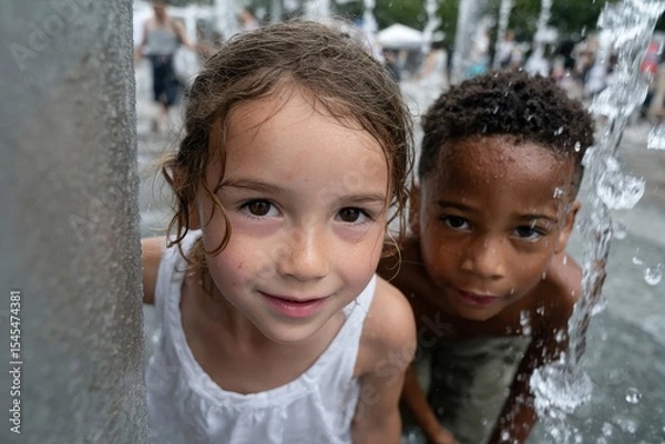 Fototapeta A captivating moment capturing two kids peeking through water fountains, symbolizing innocence and carefree joy in a lively outdoor setting filled with laughter and fun.