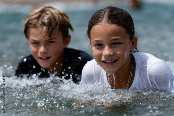 Fototapeta Two kids are playing and splashing in the water, embodying the joy and thrill of summer days while enjoying the playful ambience of outdoor adventure and fresh activity.
