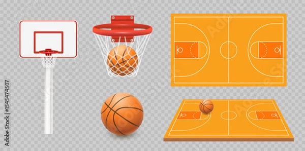 Obraz Basketball hoop with net and  basketball ball. Red and black basketball ring. Vector illustration