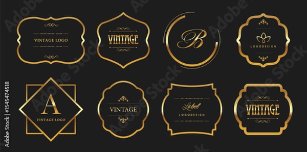 Obraz Golden decorative frame set. Vector vintage frames. Gold logo emblems. Badges for brand label. Greeting card design elements