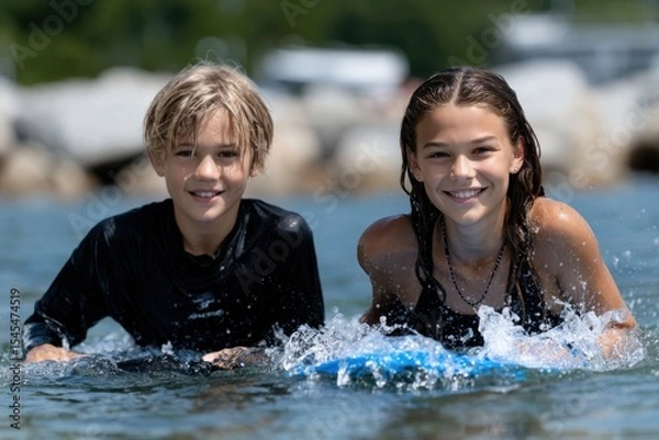 Fototapeta This captivating image showcases two joyful kids swimming in clear water, enjoying their summer day, conveying a sense of friendship and carefree fun under the sun.