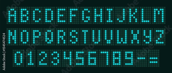 Obraz Blue Digital Dotted Font with Alarm Clock Letters, Electronic Alphabet, Retro Calculator Symbols, Monitor Characters, and Scoreboard Digits. Vector EPS 10
