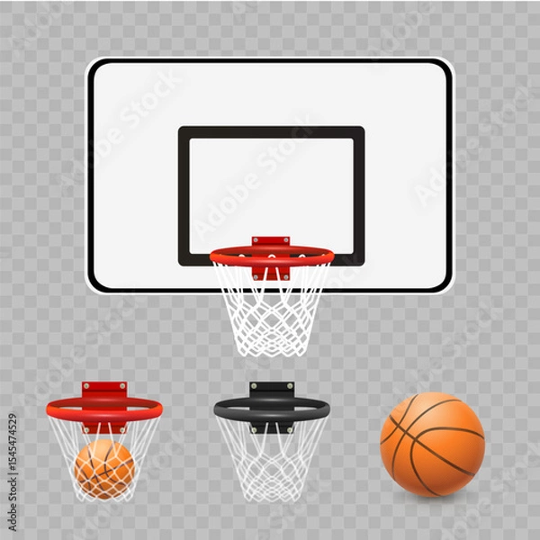 Obraz Basketball hoop with net and  basketball ball. Red  basketball ring and sport field. Sports equipment. Vector illustration