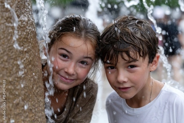 Fototapeta This enchanting image captures two happy children bonding playfully in the refreshing splashes of a fountain, showcasing playful innocence and joy in a lively atmosphere.