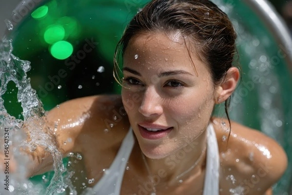 Fototapeta A young woman emerges from the water, radiant and joyful, showcasing a sense of freedom and relaxation while enjoying an invigorating swim in a lively, bright environment.