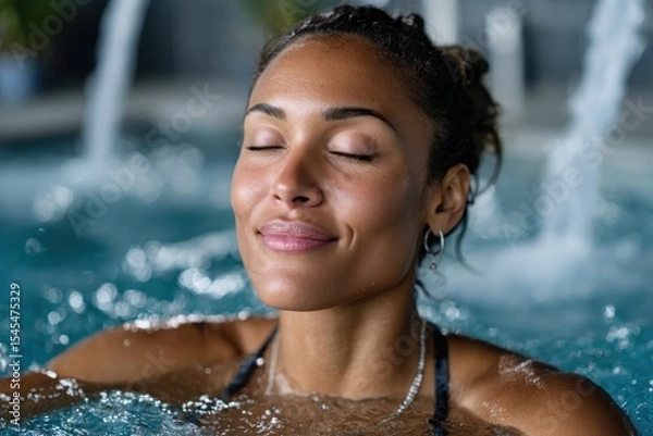 Fototapeta A serene woman floats peacefully in a pool, eyes closed and face relaxed, embodying tranquility and self-care in a calming aquatic environment during her personal respite.