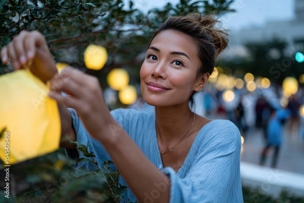 Fototapeta A cheerful woman hangs paper lanterns at dusk, enjoying the atmospheric glow, representing joy, creativity, and connection with nature in a blissful gathering.