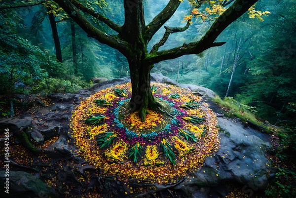 Obraz A tree stands on a rock formation decorated with a colorful mandala of flowers and leaves in forest