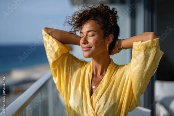 Fototapeta A serene woman relaxes on her balcony, basking in sunshine and serene sea views, radiating a sense of calm and inner peace in a tranquil environment.
