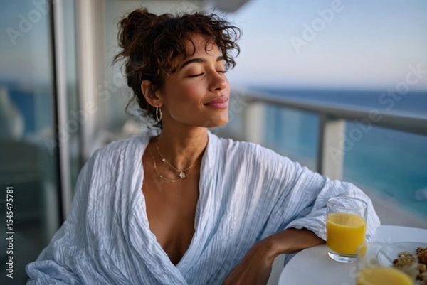 Fototapeta A relaxed woman enjoys a glass of juice on a balcony, embodying a moment of pure bliss and mindfulness as she takes in the beautiful ocean view.