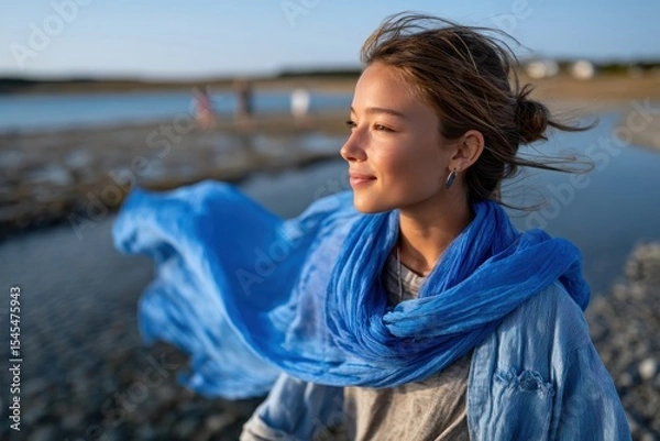 Fototapeta A young woman stands by the shore, her blue scarf billowing in the wind as she enjoys the serene beach atmosphere during sunset by the calm waters and gentle breeze.