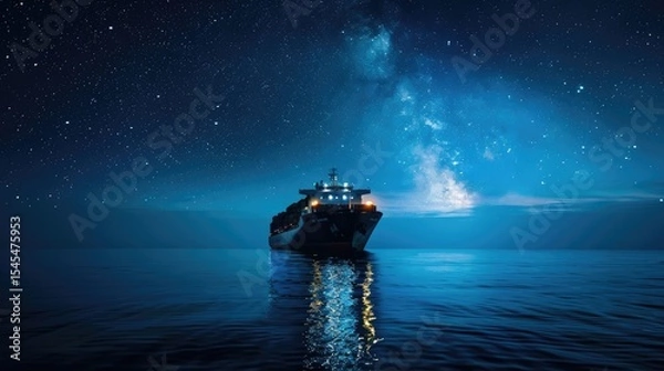 Fototapeta  Nighttime cargo ship navigation in tranquil waters ocean photography serene environment wide-angle view maritime adventure
