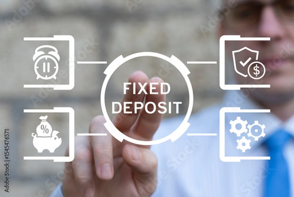 Fototapeta Benefits of fixed deposit an investment option concept. Business person using virtual touch screen presses the inscription: FIXED DEPOSIT.