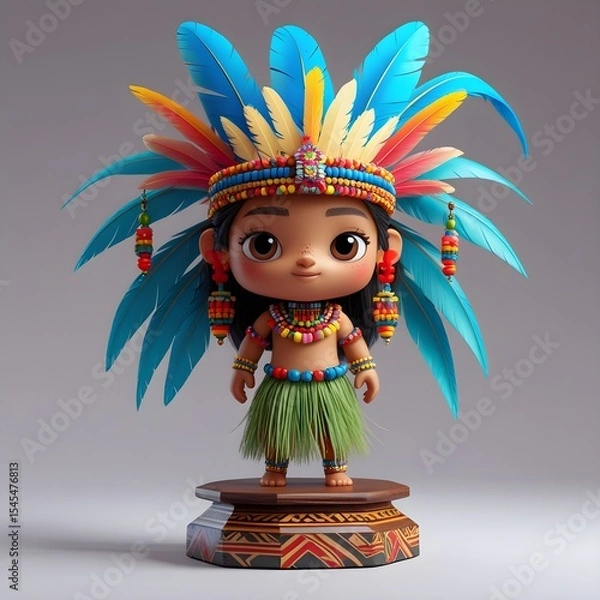 Fototapeta Vibrant 3D model of a girl in traditional Amazonian headdress showcasing rich culture