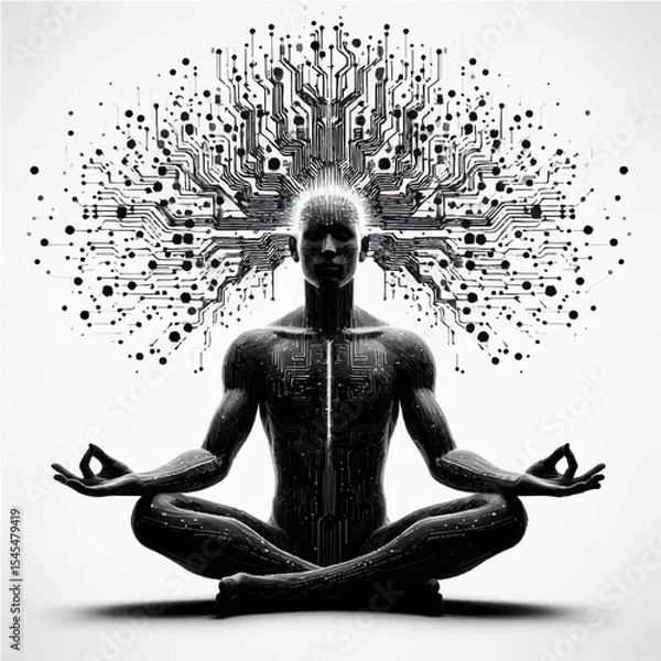 Fototapeta A black and white silhouette of a cyborg sitting in a lotus position during meditation, with digital quantum streams emanating from his head. Vector graphics. EPS.