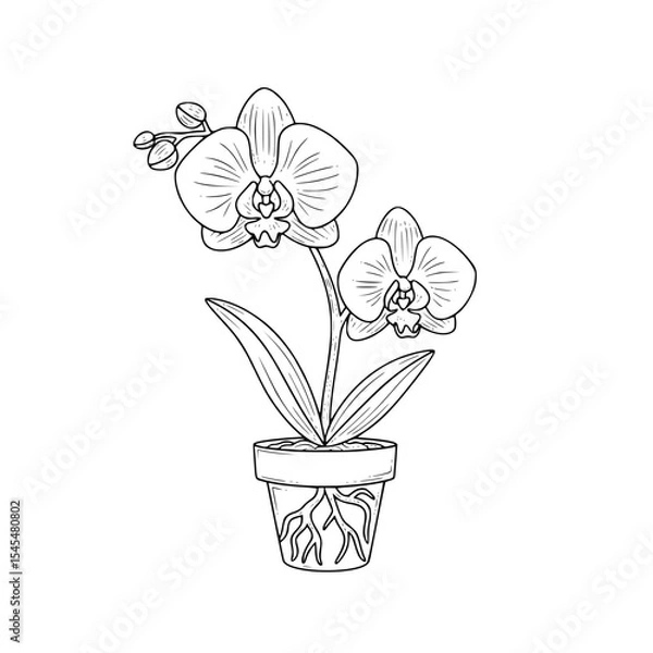 Fototapeta Phalaenopsis orchid in a pot with detailed line art design  