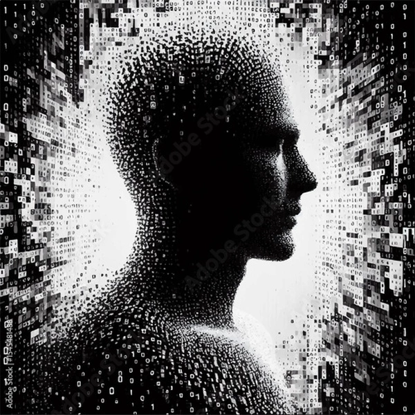 Fototapeta A black and white silhouette of an avatar of a person gathering from digital information flows in the form of a programming language in a virtual space. Vector graphics. EPS.