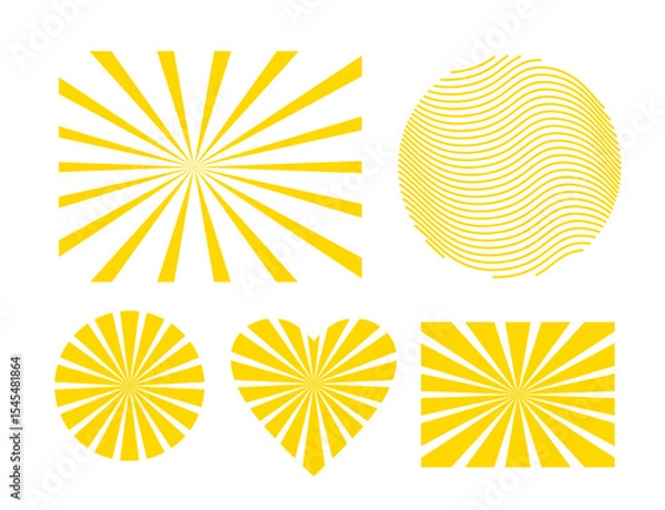 Fototapeta Retro vector sunburst frames 5 yellow geometric elements circle, heart, rectangle, wavy circle Flat vintage rays, thin variant and off-center option included Clean, editable shapes for labels, badges