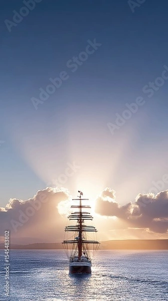 Obraz Dramatic Seascape With Tall Ship Sailing Into the Sunrise on the Open Water