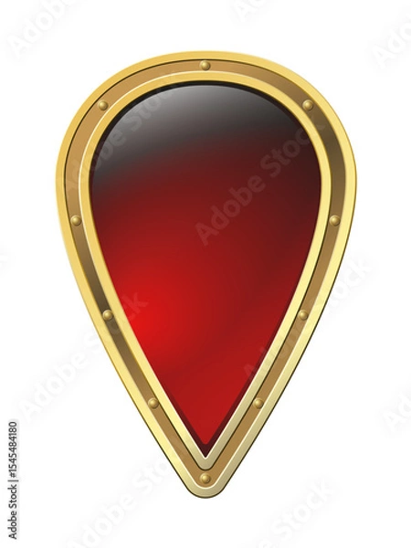 Fototapeta Realistic vector Rus shield Inverted teardrop shape with golden riveted border, luminous red center glass effect. White highlight on crimson-to-scarlet gradient Slavic warrior aesthetic Transparent BG