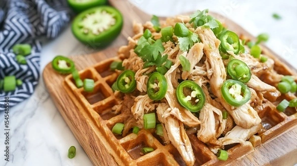 Fototapeta Waffle fries topped with shredded chicken, green onions, and jalapeños 