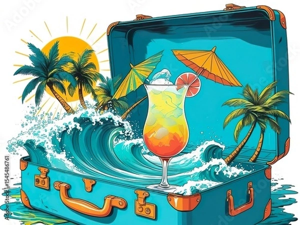 Fototapeta Travel and trips, tourism, blue open suitcase, from which sea waves are splashing, with an exotic cocktail, palm trees and sun, summer vacation