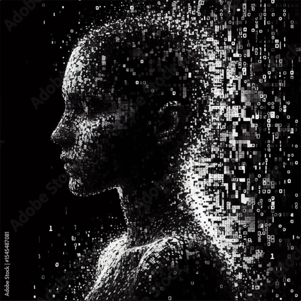 Fototapeta A black and white silhouette of an avatar of a person gathering from digital information flows in the form of a programming language in a virtual space. Vector graphics. EPS.