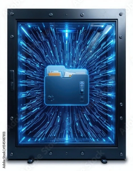 Obraz Cybersecurity awareness best practice concepts. A digital safe with glowing blue circuit patterns houses a secure folder containing files, symbolizing data protection and cybersecurity.
