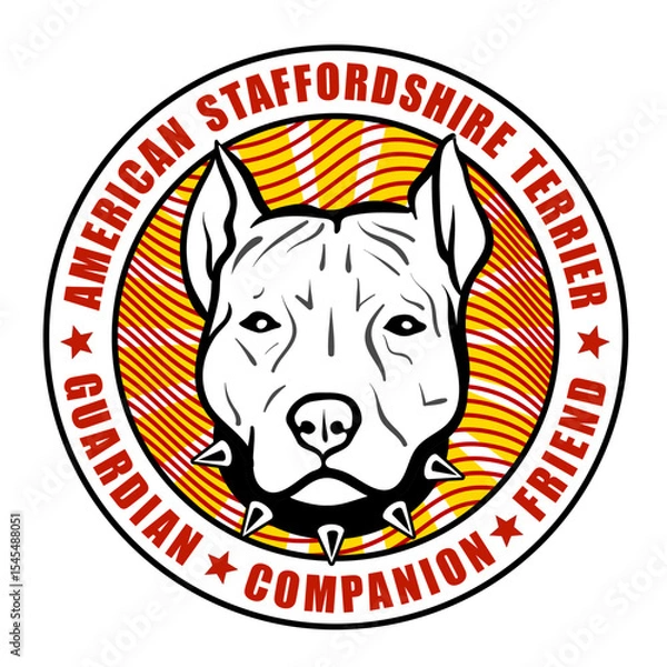 Fototapeta Round emblem Vector AmStaff with black spiked collar over curved red waves. Circular border text: American Staffordshire Terrier top, Guardian. Companion. Friend. bottom. Loyal breed identity design