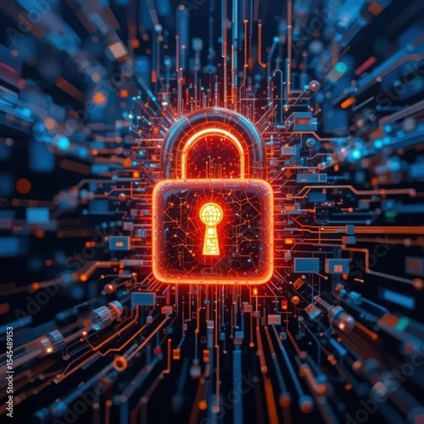 Fototapeta Cybersecurity awareness best practice concepts. A glowing digital padlock symbolizes cybersecurity, data protection, and encrypted networks within a complex circuit board environment.