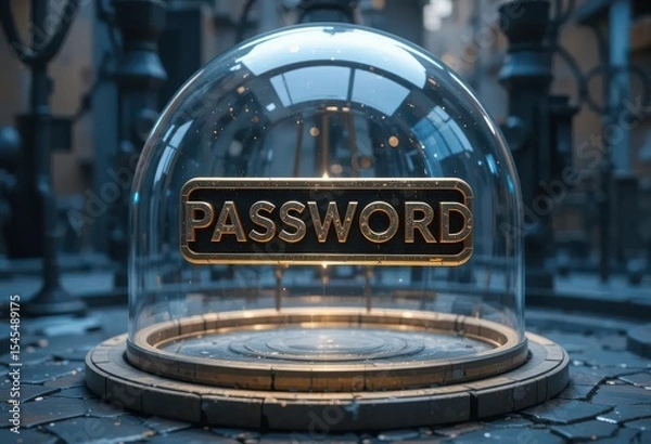 Obraz Cybersecurity awareness best practice concepts. A digital "PASSWORD" sign protected under a futuristic glass dome on a cobblestone surface with an industrial, high-tech backdrop.