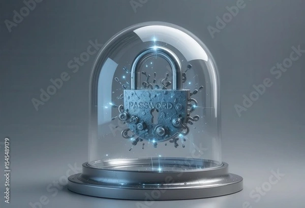 Obraz Cybersecurity awareness best practice concepts. A metallic padlock labeled "PASSWORD" is encased in a glass dome, symbolizing secure password protection and enhanced cybersecurity.