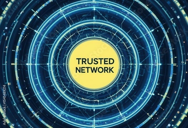 Obraz Cybersecurity awareness best practice concepts. A digital futuristic graphic illustrating a secure and trusted network with interconnected nodes and glowing blue circular patterns.