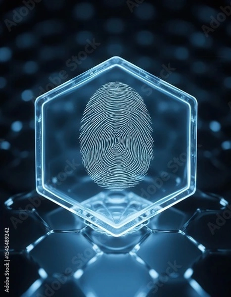 Obraz Cybersecurity awareness best practice concepts. A glowing fingerprint inside a transparent hexagonal frame, symbolizing digital security and biometric identification with a futuristic blue background.