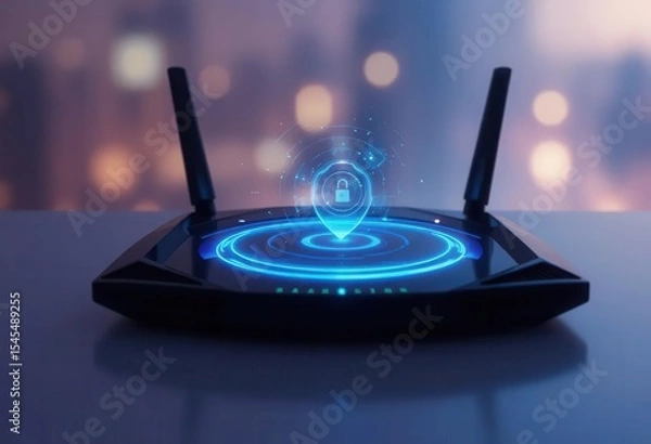 Obraz Cybersecurity awareness best practice concepts. A sleek black Wi-Fi router with two antennas displays a glowing holographic security lock and location symbol above it, symbolizing network security.