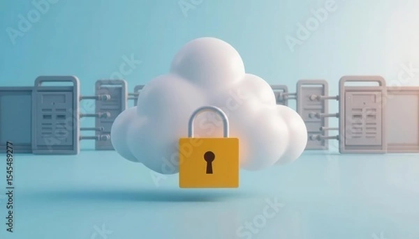 Fototapeta Cybersecurity awareness best practice concepts. A cloud with a yellow padlock symbolizes secure cloud storage, connected via cables to multiple servers in a digital environment.