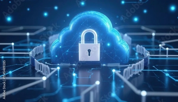 Obraz Cybersecurity awareness best practice concepts. A glowing digital cloud secured by a padlock, symbolizing cloud data protection and cybersecurity in a connected network.