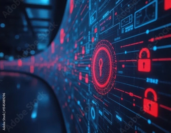 Obraz Cybersecurity awareness best practice concepts. A futuristic digital wall displaying cybersecurity icons, data lines, and a glowing red padlock symbolizing digital protection and data security.