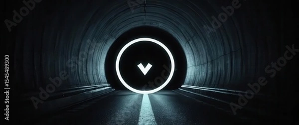 Fototapeta Cybersecurity awareness best practice concepts. A dark tunnel with a glowing circular portal featuring a downward arrow at the end, illuminated by bright white neon light.