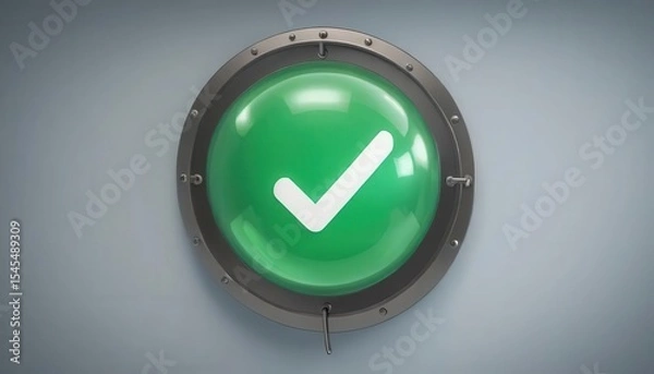 Fototapeta Cybersecurity awareness best practice concepts. A large green button with a white checkmark symbol, encased in a metallic circular frame, mounted on a gray wall.