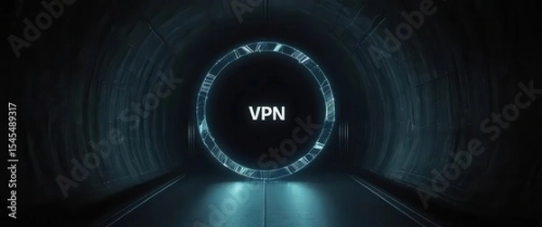 Fototapeta Cybersecurity awareness best practice concepts. A glowing circular portal with the letters "VPN" stands in a dark tunnel, symbolizing secure internet access and digital privacy.