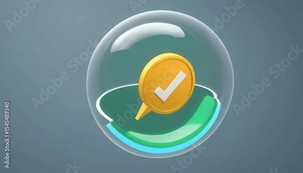 Fototapeta Cybersecurity awareness best practice concepts. A golden checkmark icon enclosed within a transparent protective bubble, symbolizing security and verification.
