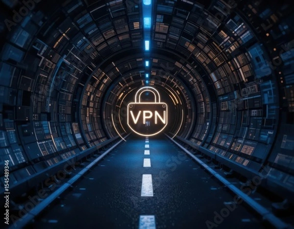 Obraz Cybersecurity awareness best practice concepts. A digital tunnel with glowing data panels surrounds a central padlock icon labeled "VPN," symbolizing secure and private internet connection.