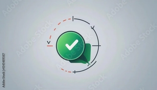 Obraz Cybersecurity awareness best practice concepts. A green checkmark inside a chat bubble with circular progress design elements on a light gray background.