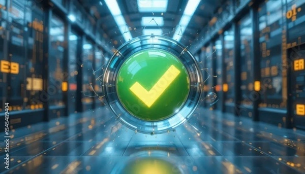 Fototapeta Cybersecurity awareness best practice concepts. A glowing green checkmark icon floats in a futuristic digital server room, symbolizing cybersecurity, data verification, and system integrity.