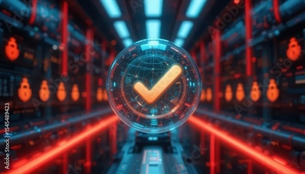 Obraz Cybersecurity awareness best practice concepts. A futuristic digital checkmark symbol floats in a glowing, high-tech data center corridor with neon blue and red lighting.