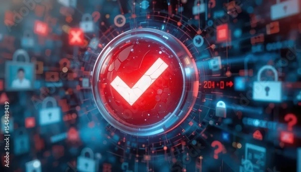 Obraz Cybersecurity awareness best practice concepts. A glowing red checkmark icon surrounded by digital locks and data symbols, representing cybersecurity and data protection in a virtual environment.