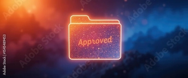 Obraz Cybersecurity awareness best practice concepts. A glowing digital folder labeled "Approved" floating against a vibrant, blurred background of warm and cool tones.