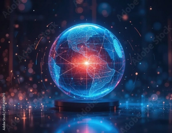 Obraz Cybersecurity awareness best practice concepts. A glowing digital globe hologram with a network grid, highlighting the Americas, surrounded by futuristic light and particle effects.