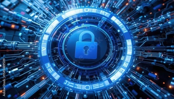 Obraz Cybersecurity awareness best practice concepts. A futuristic digital lock symbolizing cybersecurity, surrounded by glowing circuits and data streams in a high-tech environment.